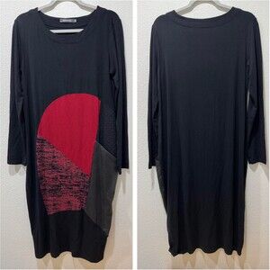 Alembika Tekbika A Line Swing Black Mix Pattern Lagenlook Dress Sz 1 / US 6 8